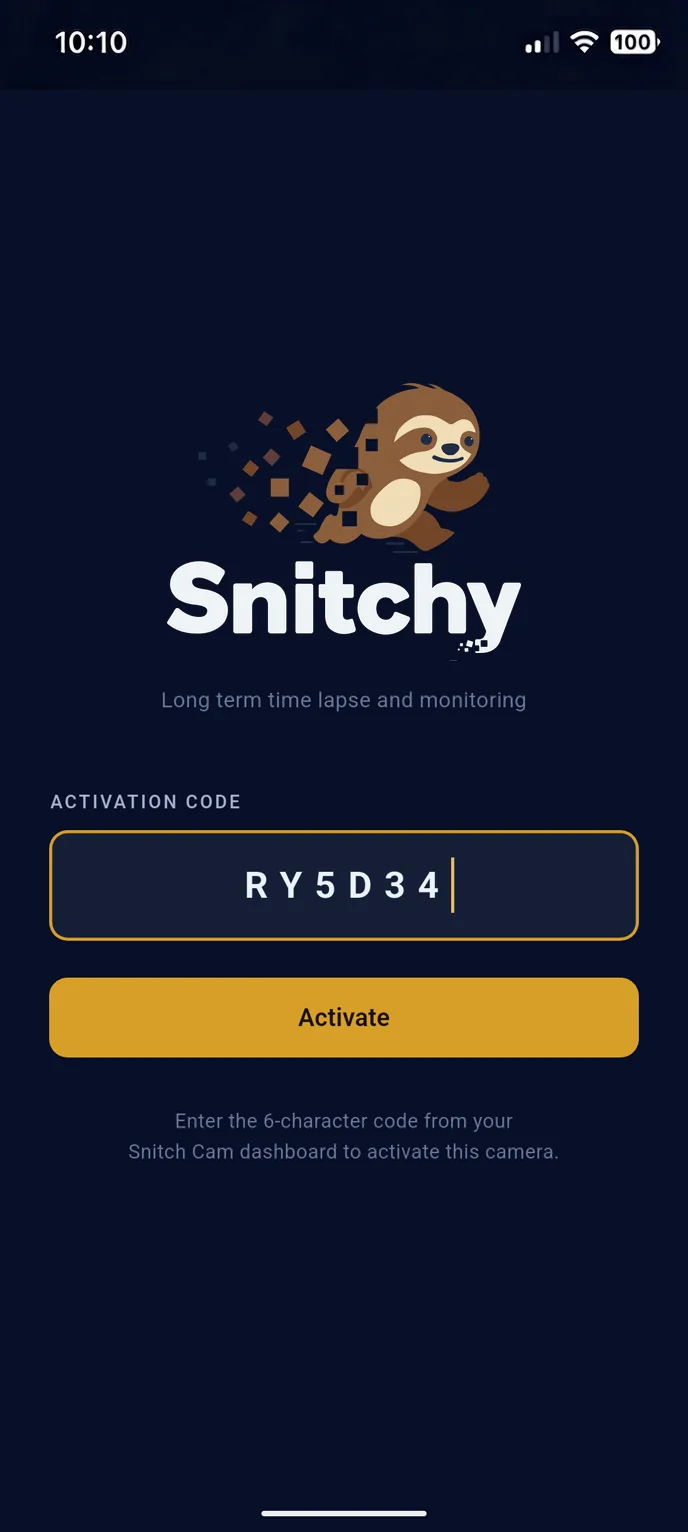 Snitchy Camera activation screen