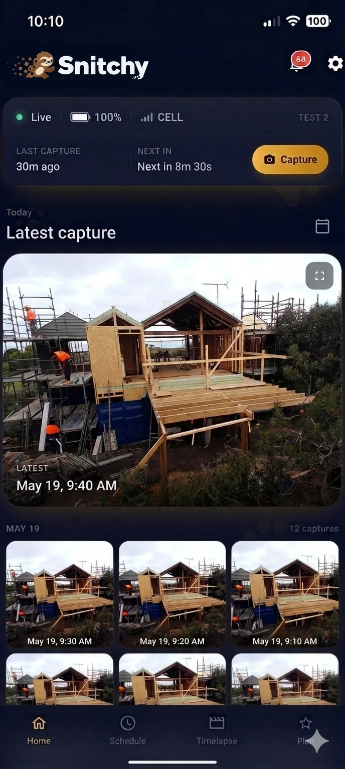 Snitchy home screen showing live status and today's captures