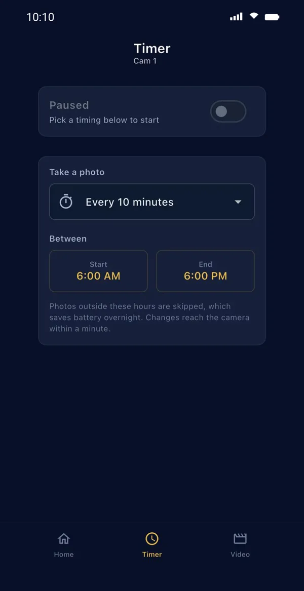 Timer screen setting capture days, hours and interval