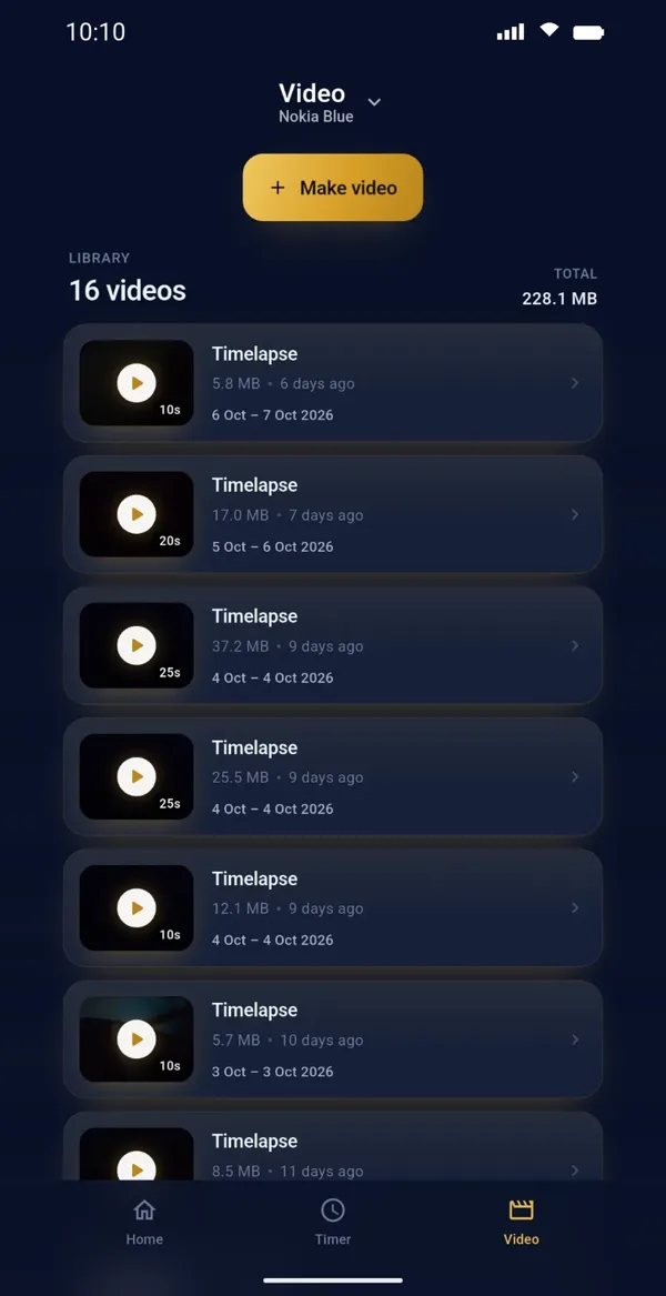 Video library with finished time lapses