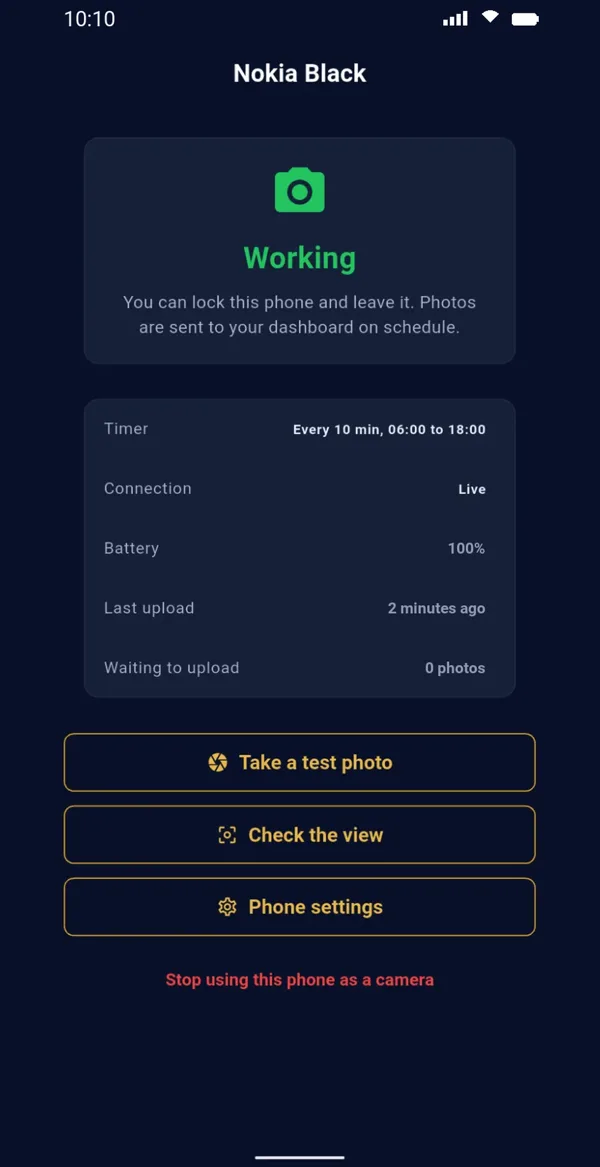 Camera phone status screen showing Working, timer, battery and last upload
