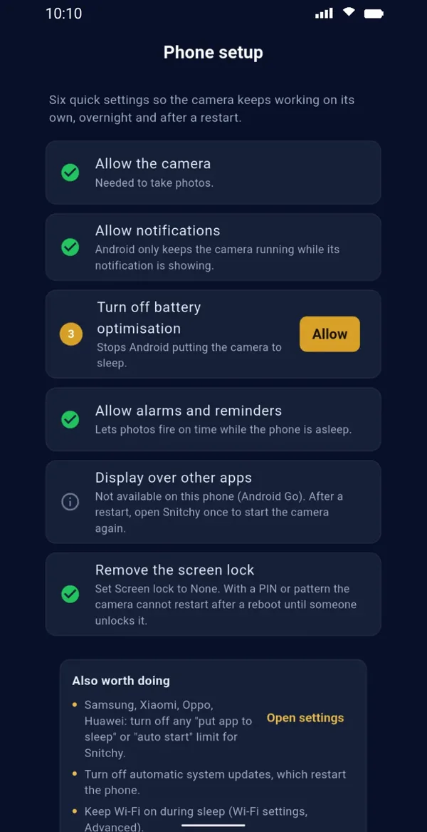 Phone setup checklist for the camera phone