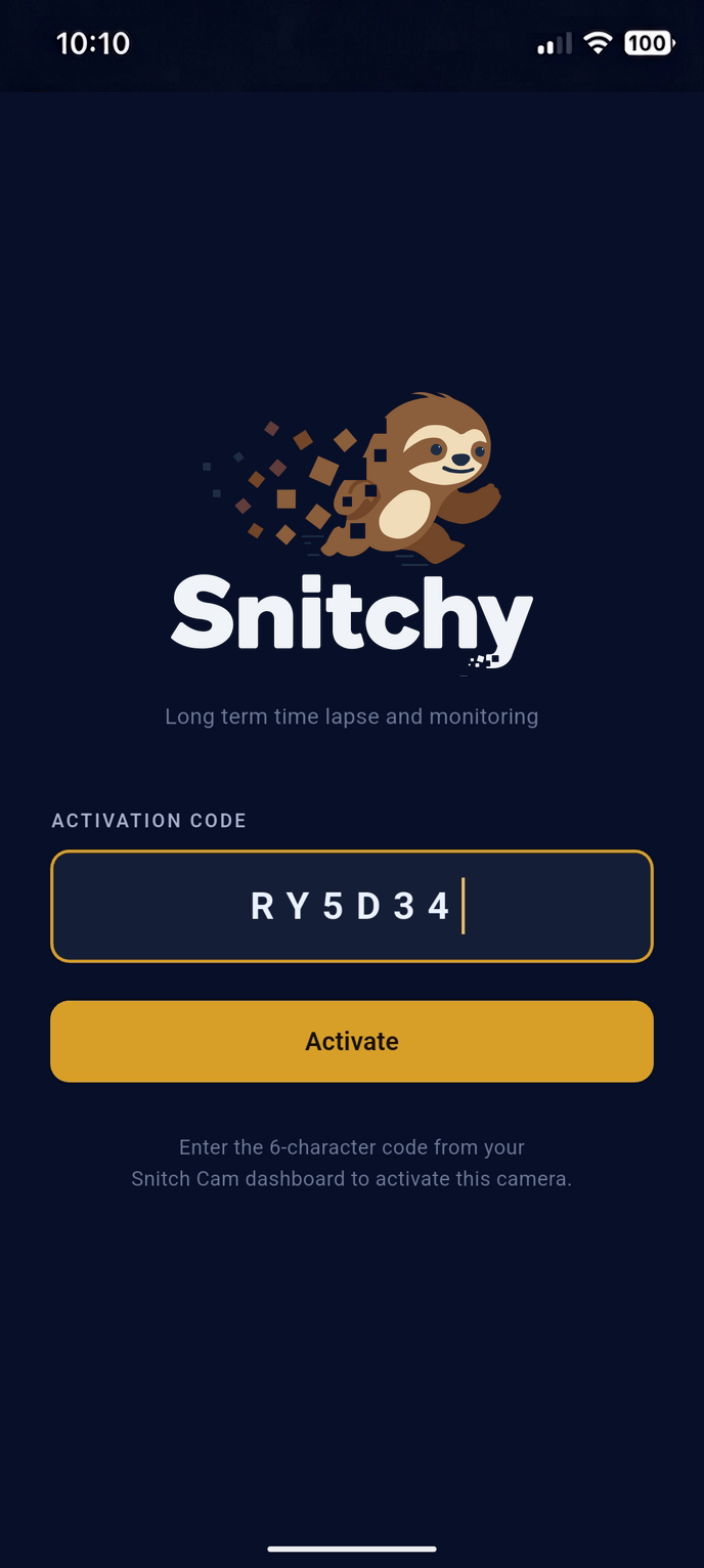 The Snitchy camera app activation screen