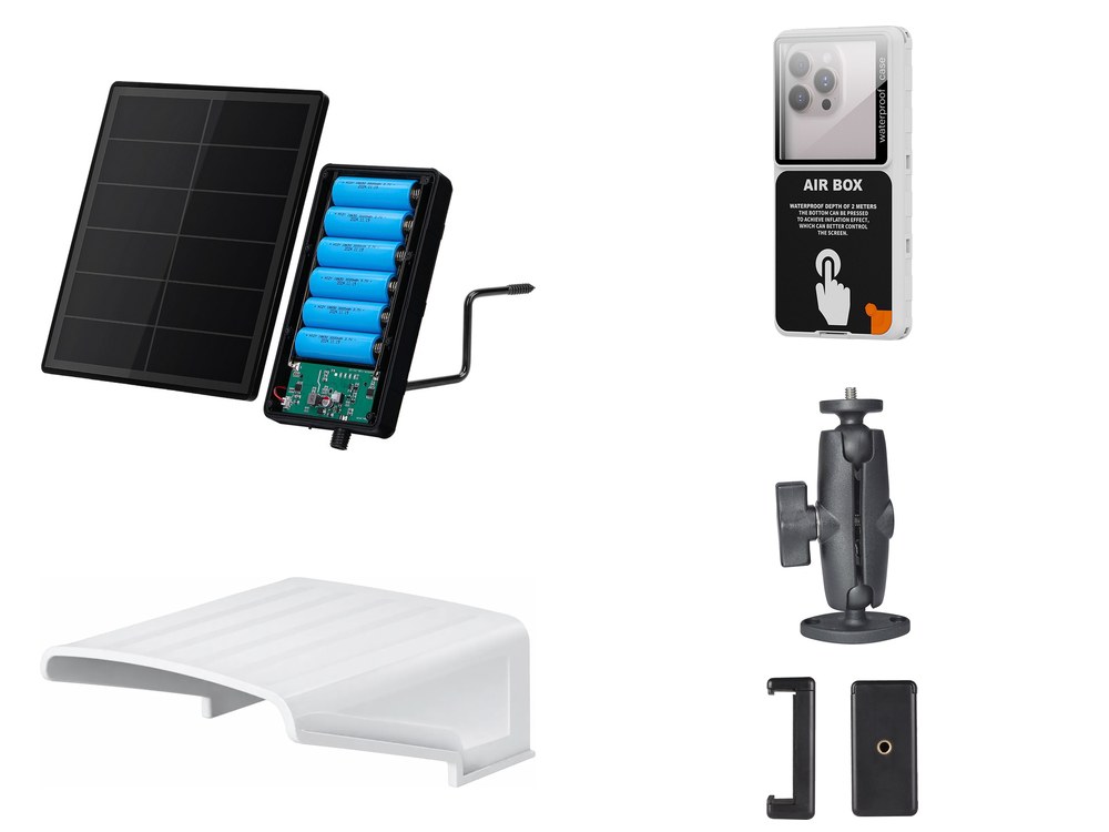 Snitchy Construction Time Lapse Kit: solar panel with battery pack, camera shade, waterproof phone case, outdoor mount and phone holder
