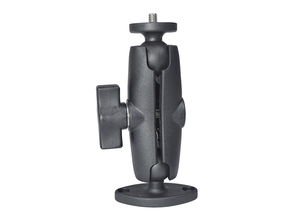 Snitchy outdoor mount, black double ball joint arm on a diamond screw-down base with a 1/4 inch thread on top