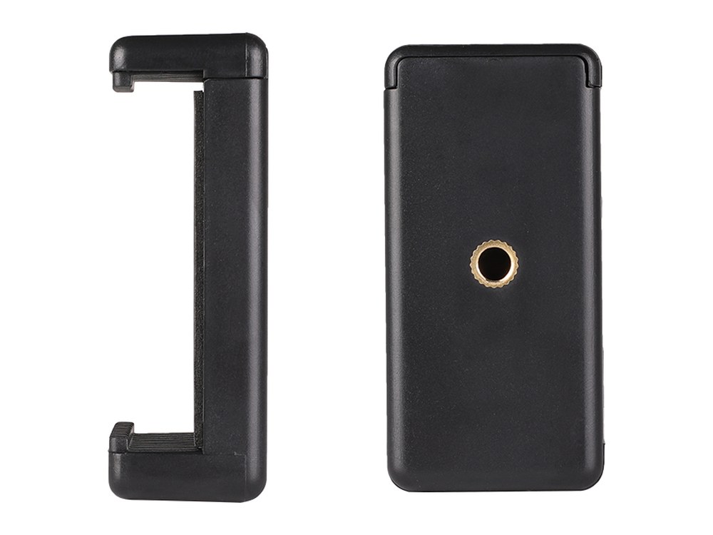 Snitchy phone holder, black spring clamp shown from the side and from the back with its brass 1/4 inch thread