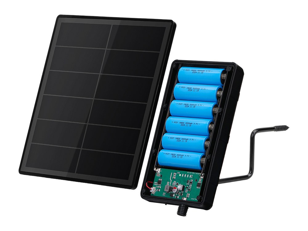 Snitchy solar panel with its battery pack open to show the cells, and a screw-in mounting arm