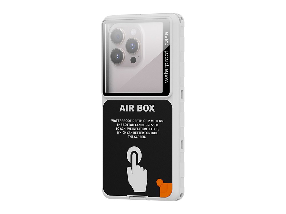 Snitchy waterproof phone case seen from the back, white shell with a clear window over the camera lenses